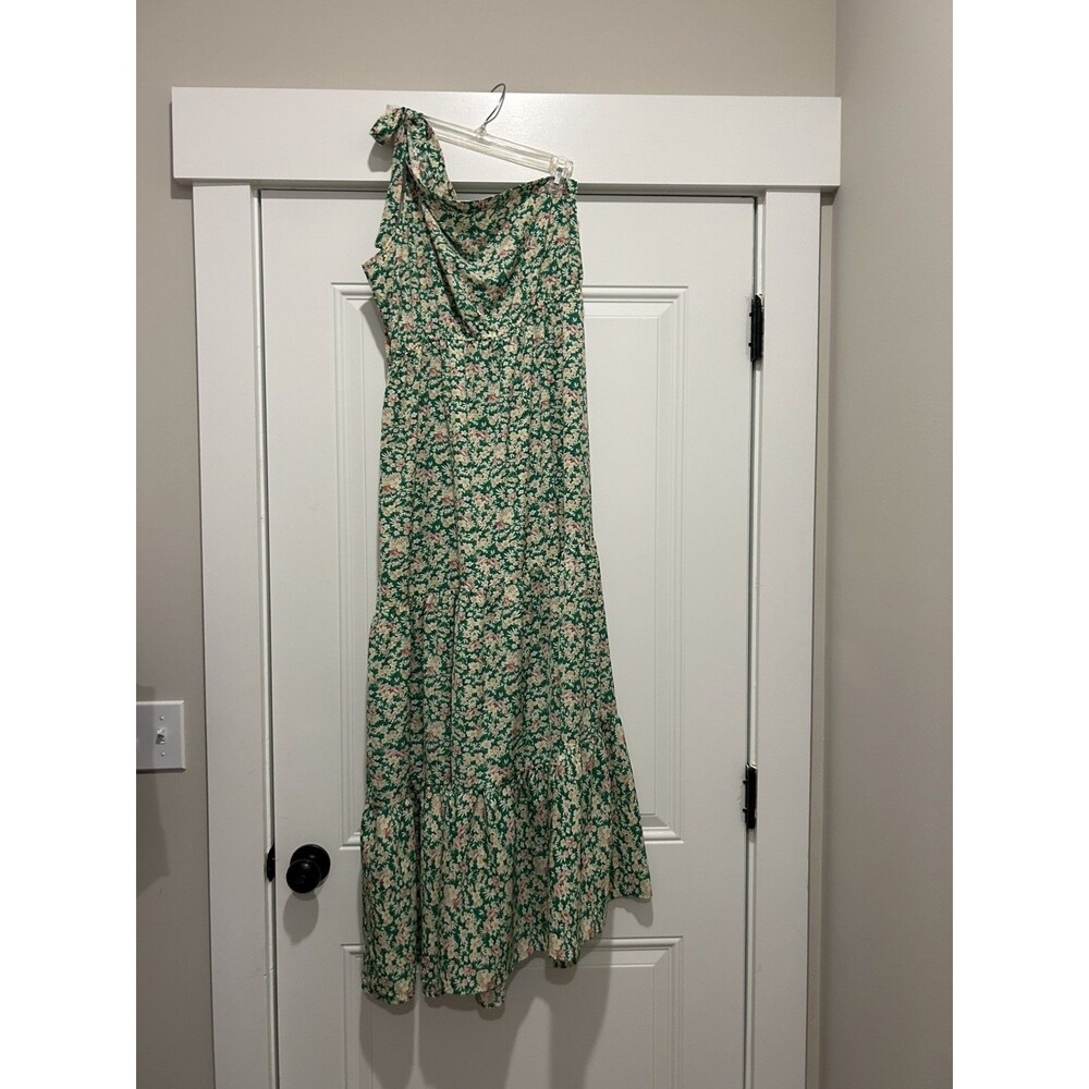 Pretty Garden GreenFloral One Shoulder Ruffle A-Line Midi Dress Size XL Brunch